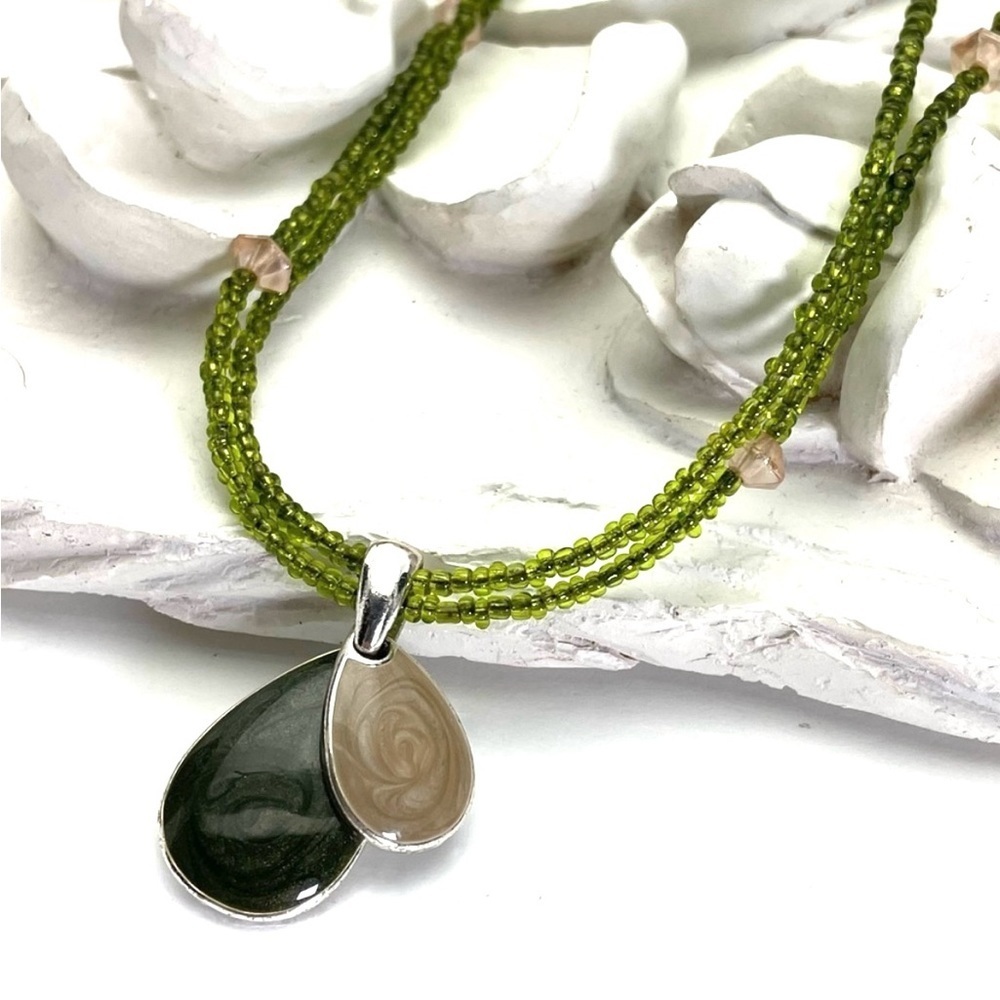 Kenneth Cole Green Seed Bead Necklace with Enamelled Tear Drop Pendants
